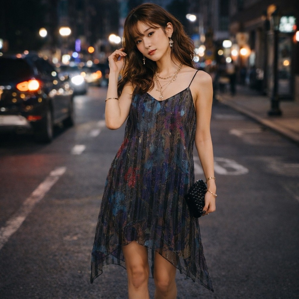 Vintage Sheer Metallic Floral Print Slip Dress Midi Size Small